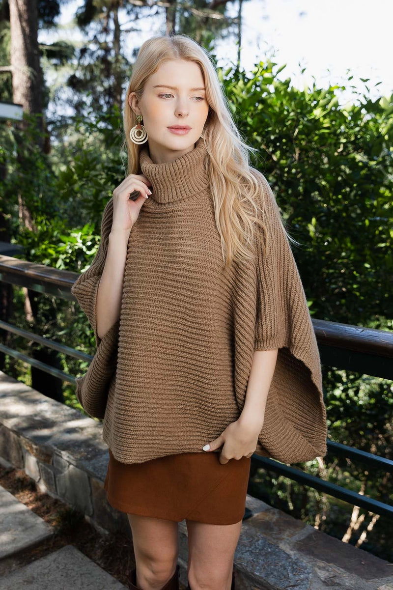 Tara Turtleneck Poncho Mocha- One Size