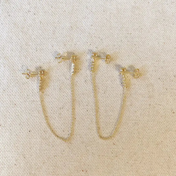 Cz Double Piercing Earrings Connected By Chain
