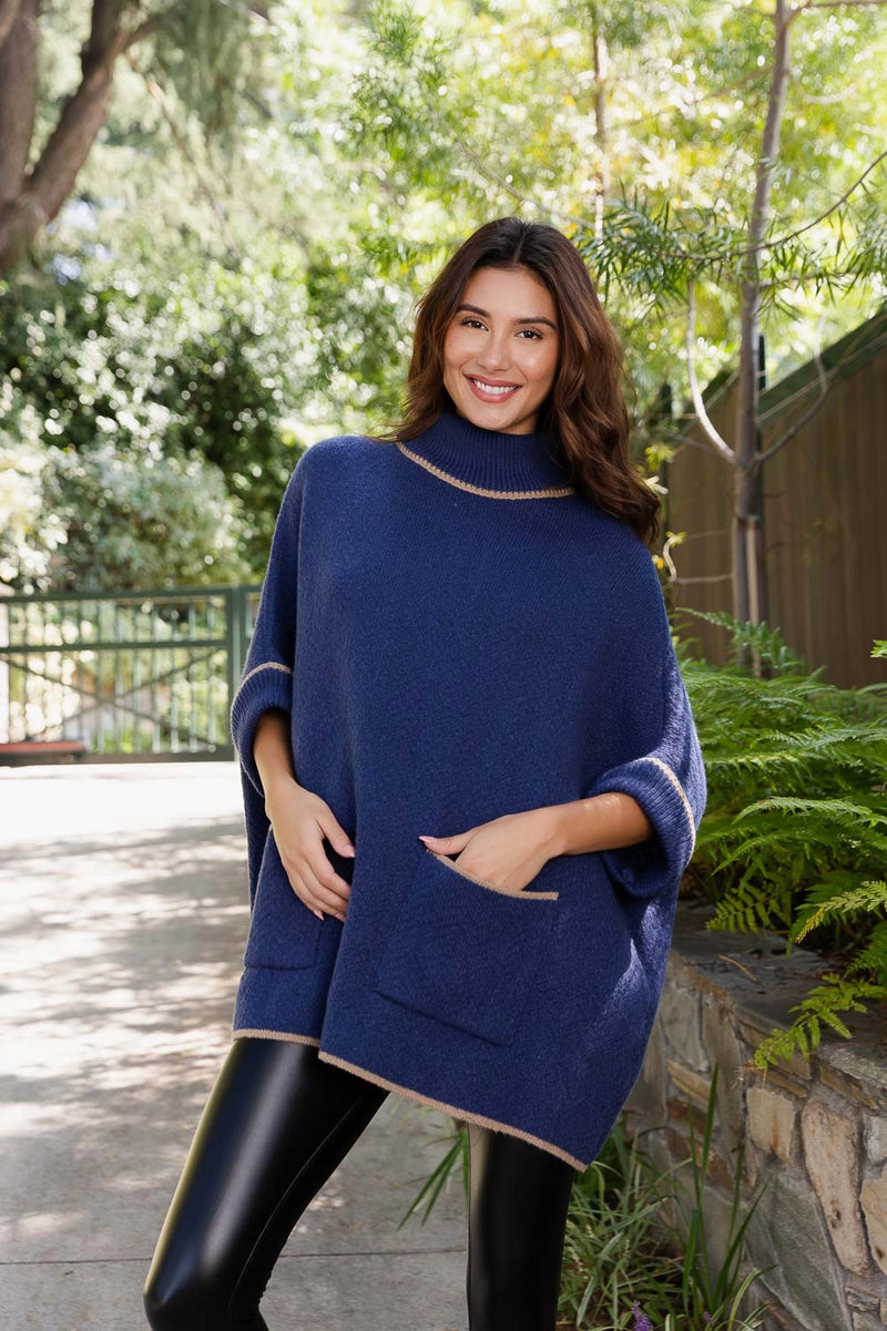 Sleigh Ride Poncho- Navy One Size