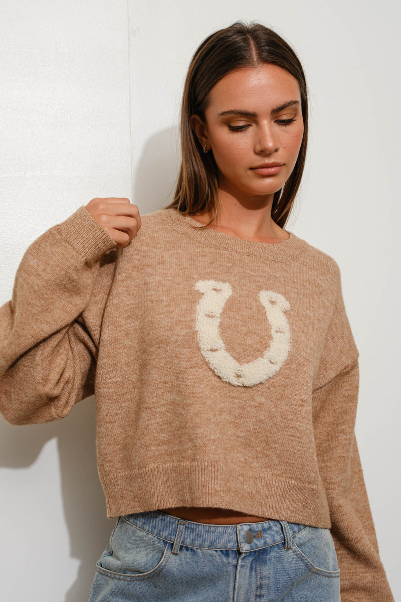 Lucky Horseshoe Sweater- Tan