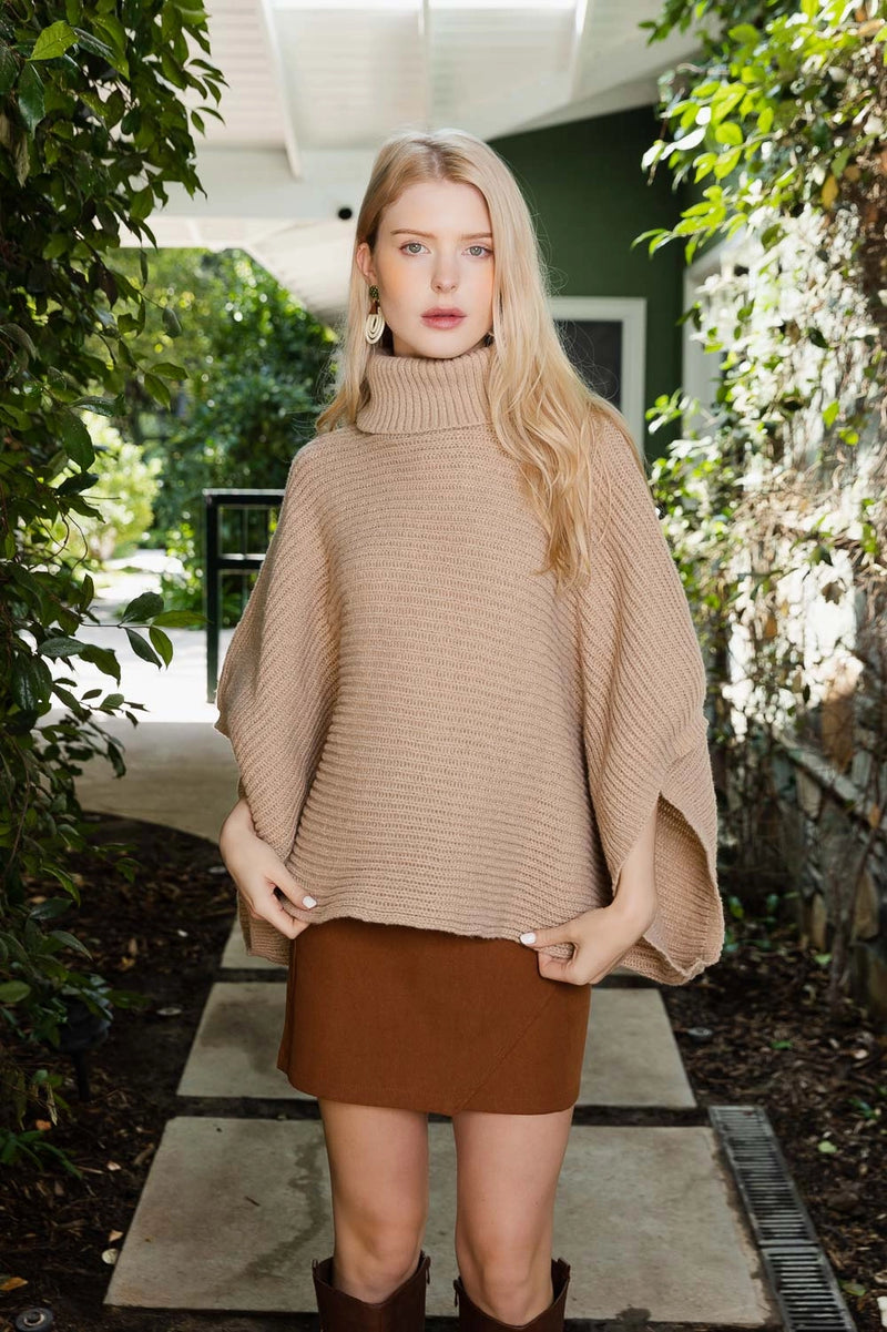 Tara Turtleneck Poncho Tan- One Size