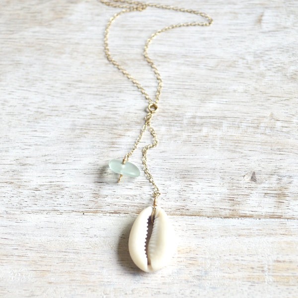 Cowrie Shell & Sea Foam Glass Necklace in Gold 18 inches