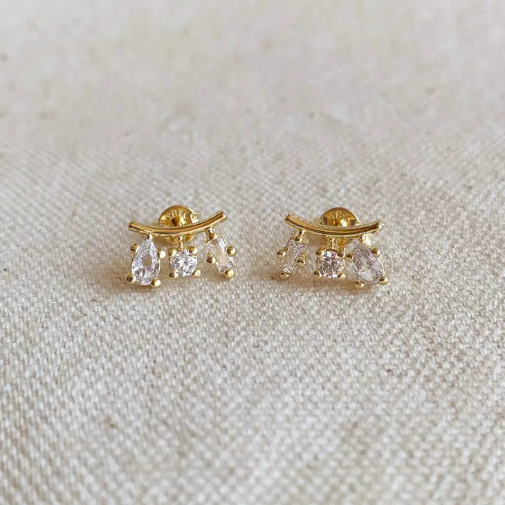 18k Gold Filled Clear Cubic Zirconia 3-Shapes Stud Earrings