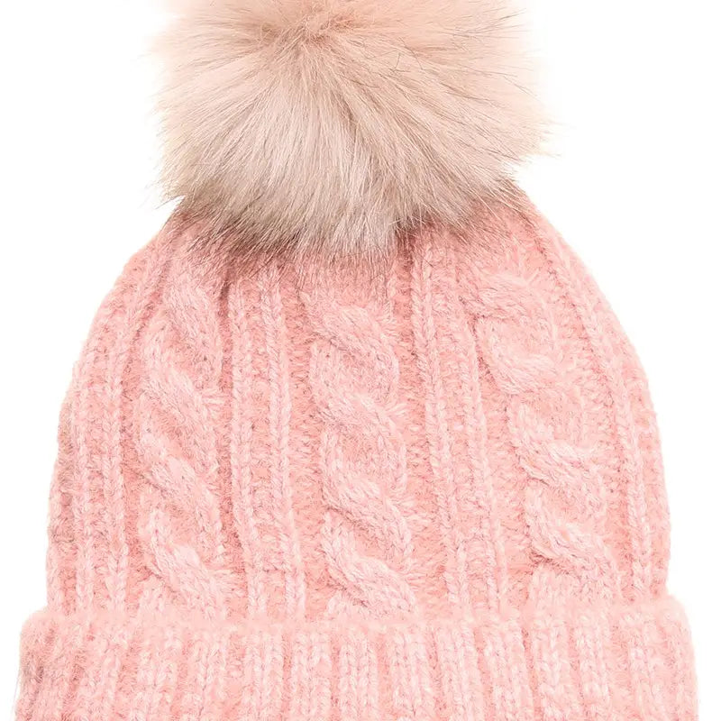 Pink Fuzzy Cable Knit Beanie