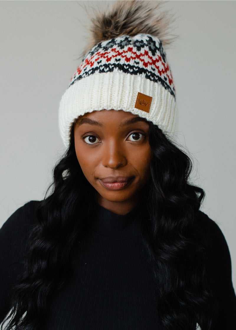 Hat Ivory, Red & Gray Winter Pattern Pom Hat