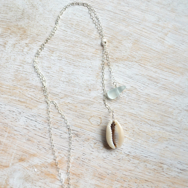 Cowrie Shell & Sea Foam Glass Necklace in Sterling 18 inches
