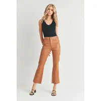 Cropped Kick Flare Jeans - Coated Camel