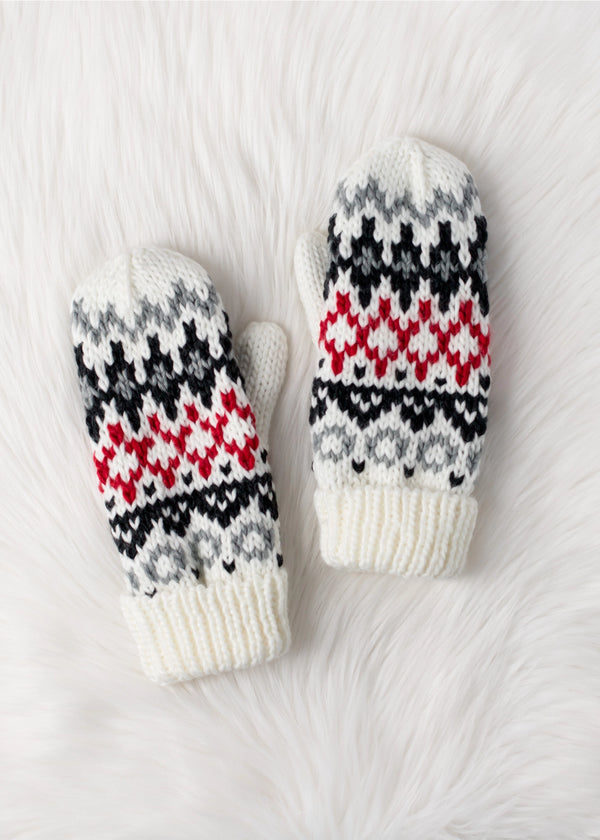 Ivy Ivory, Red & Gray Winter Pattern Mittens