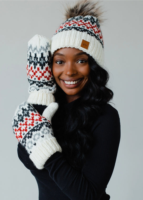 Hat Ivory, Red & Gray Winter Pattern Pom Hat