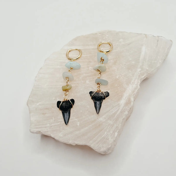 Dainty Shark Tooth Hoop Earrings with Gemstone Chip