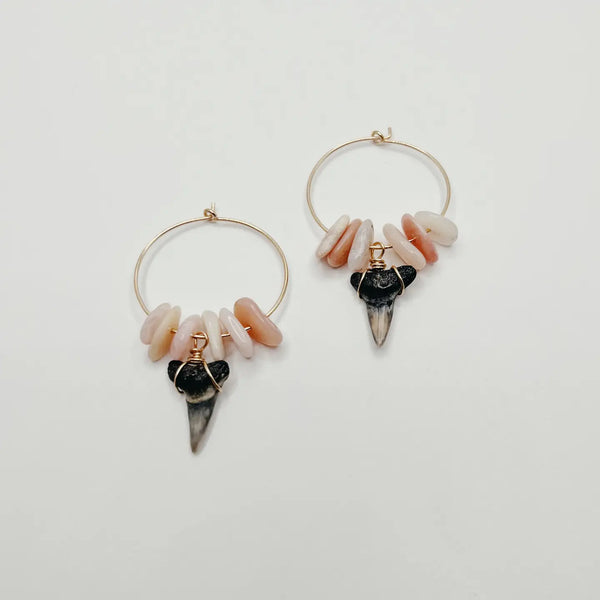 Dainty Shark Tooth Hoop Earrings with Gemstone Chips