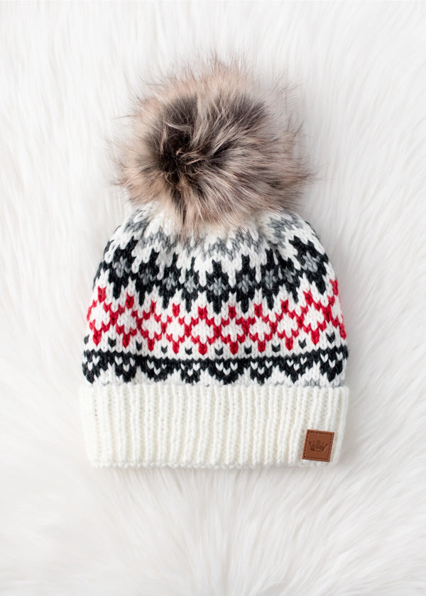 Hat Ivory, Red & Gray Winter Pattern Pom Hat