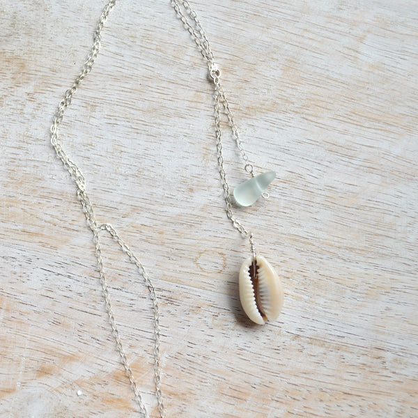 Cowrie Shell & Sea Foam Glass Necklace in Sterling 18 inches