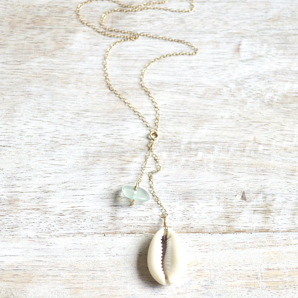 Cowrie Shell & Sea Foam Glass Necklace in Gold 16 inches