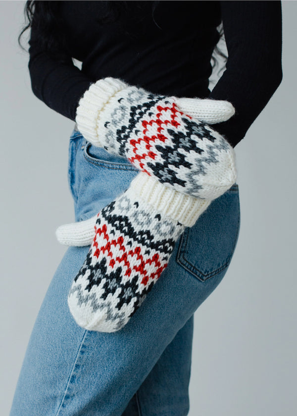 Ivy Ivory, Red & Gray Winter Pattern Mittens