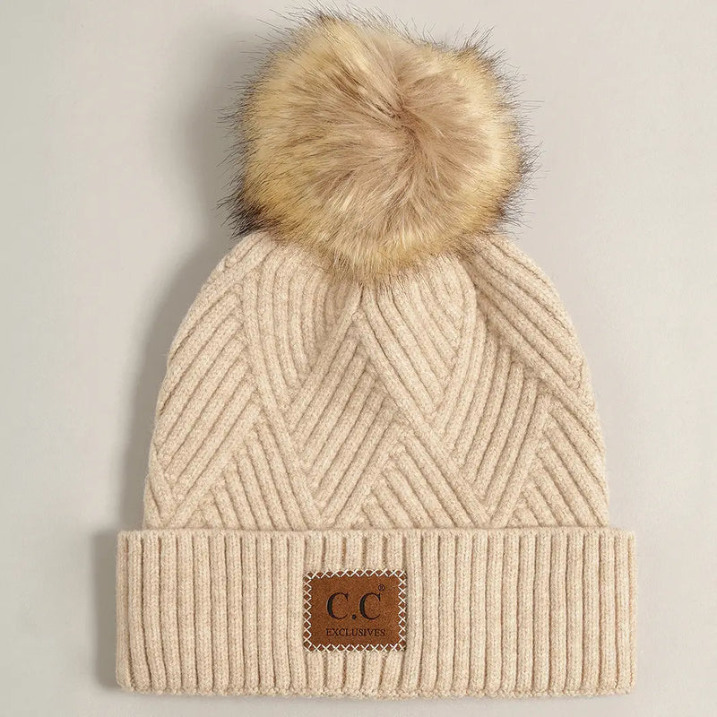 Heather Cuff Beanie with Pom-Pom Beige