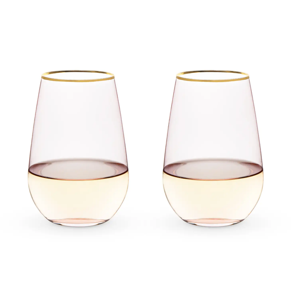 Garden Party: Rose Tinted Stemless Wine Glass with Gold Rim Set of 2