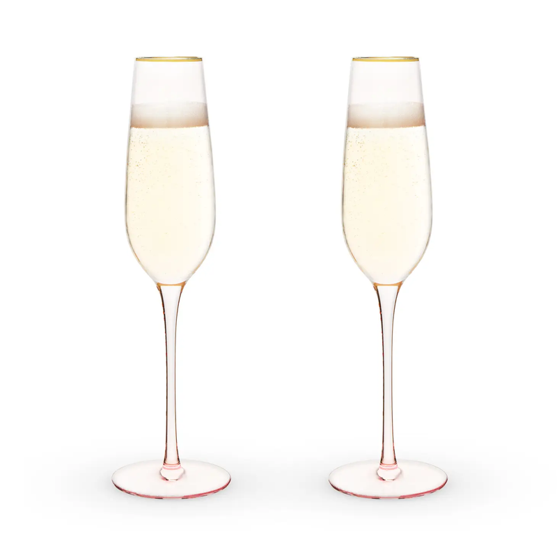 Garden Party: Rose Tinted Champagne Flute with Gold Rim Set of 2